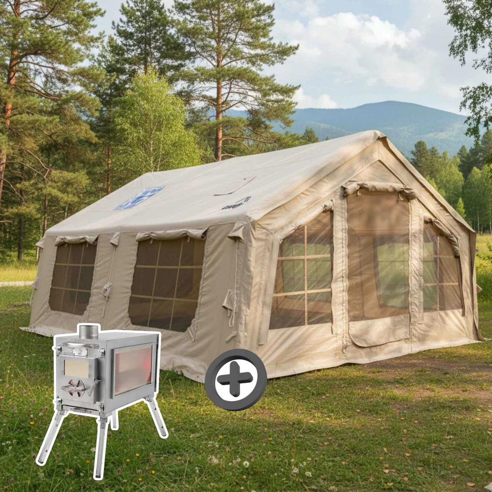 Coody 17.2 | RBM Outdoors (Koala 7) Beige + Stove Caminus M - Inflatable Tents for Camping with Stove