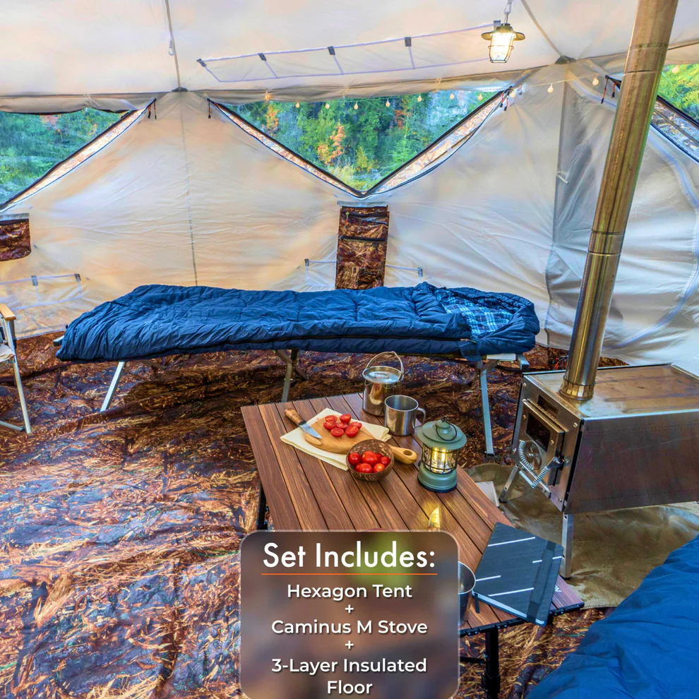 RBM All-Seasons tent Hexagon for 2-9 person + Wood Stove Caminus M + Three-Layer Floor - Image 10